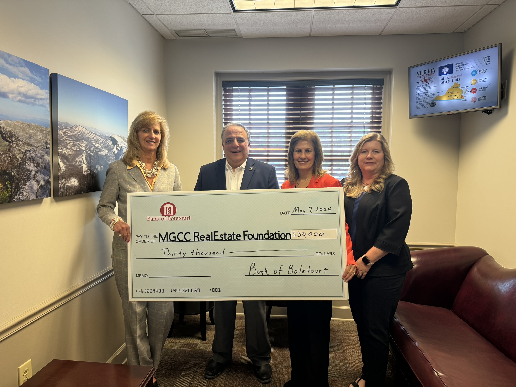 Bank of Botetourt officials pose during a check presentation with MGCC President and VP of Academic Affairs